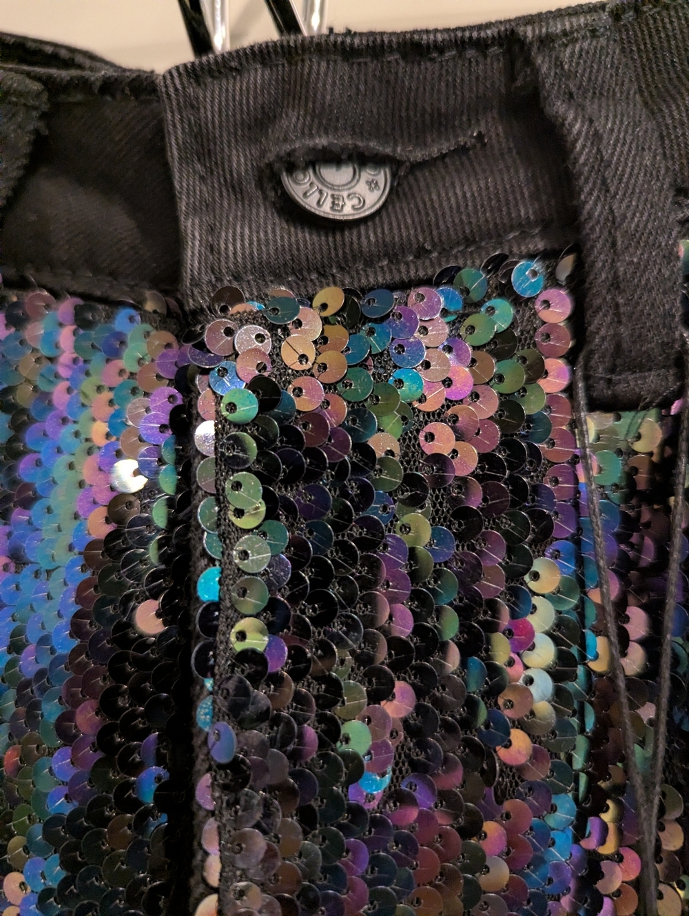 Cello Black Jeans with Iridescent Blue-Purple Sequin Panels NWT - Picture 5 of 6